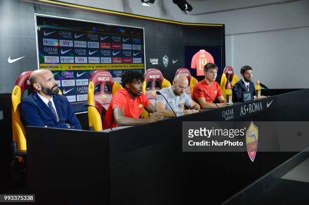 New signing William Bianda, Sport Director Ramon Rodriguez Verdejo Monchi and Ante Coric during the press conference at the AS Roma Training Centre...