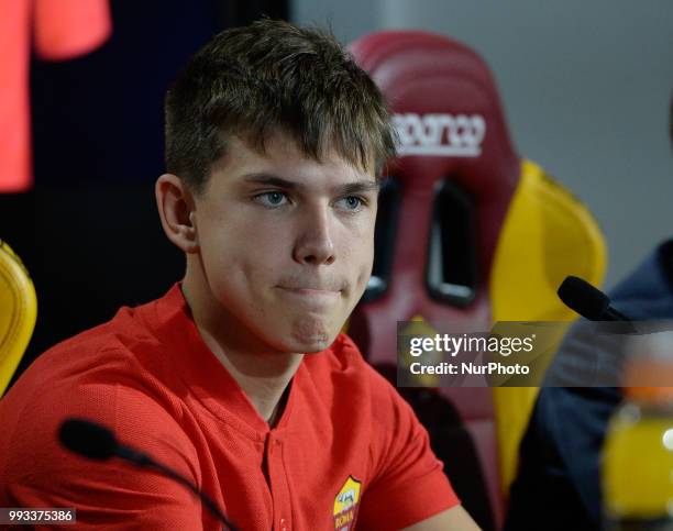 New signing Ante Coric during the press conference at the AS Roma Training Centre on July 07, 2018 in Rome, Italy.