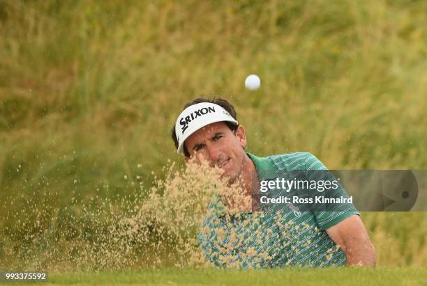 Gonzalo Fernandez Castano of Spain plays a bunker shot on the 18th hole during the third round of the Dubai Duty Free Irish Open at Ballyliffin Golf...