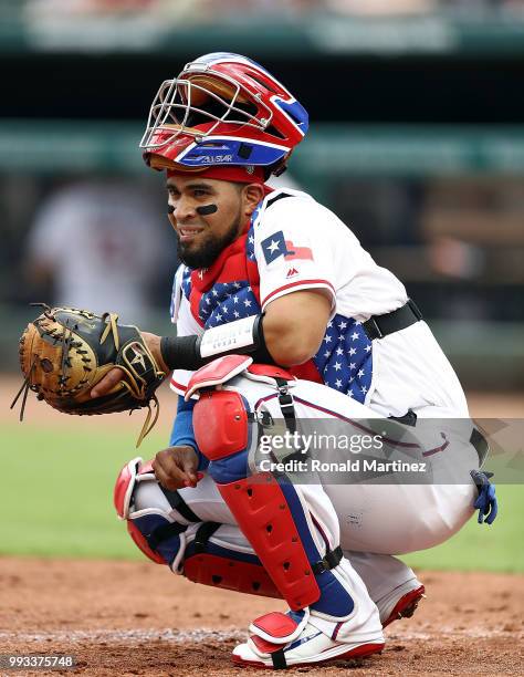 Robinson Chirinos of the Texas Rangers at Globe Life Park in Arlington on July 4, 2018 in Arlington, Texas.