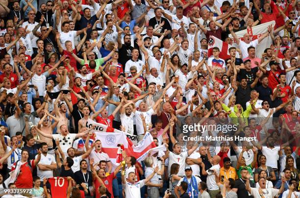 England fans show their support during the 2018 FIFA World Cup Russia Quarter Final match between Sweden and England at Samara Arena on July 7, 2018...