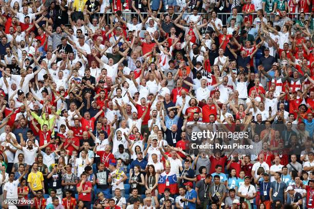 England fans show their support during the 2018 FIFA World Cup Russia Quarter Final match between Sweden and England at Samara Arena on July 7, 2018...