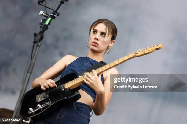 Wolf Alice band singer's Ellie Rowsell performs on stage with her band during Arras' Main Square festival day 2 on July 7, 2018 in Arras, France.