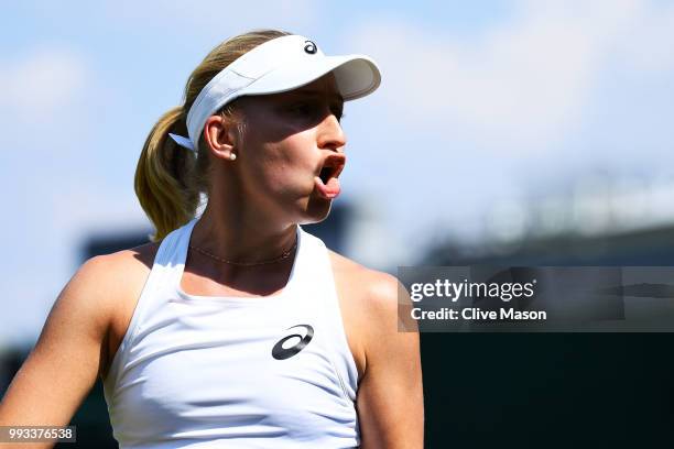 Daria Gavrilova of Australia reacts against Aliaksandra Sasnovich of Belarus during their Ladies' Singles third round match on day six of the...