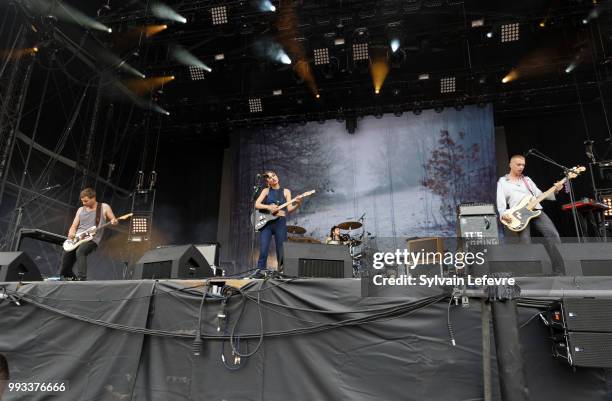 Wolf Alice band guitarist Joff Oddie, singer Ellie Rowsell, drumer Joel Amey and bassist Theo Ellis performs on stage with his band during Arras'...