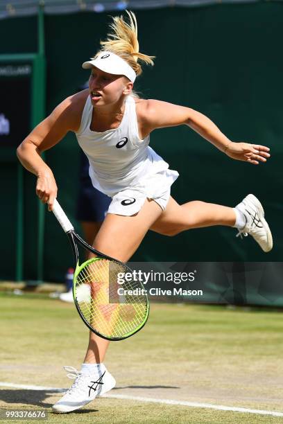 Daria Gavrilova of Australia serves against Aliaksandra Sasnovich of Belarus during their Ladies' Singles third round match on day six of the...