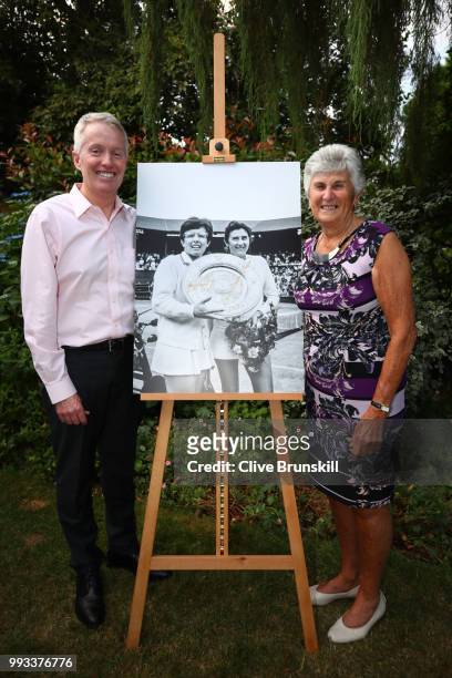 Tennis Australia CEO Craig Tiley and Judy Dalton pose for a photo at Tennis Australia's annual Aussie Wimbledon barbecue, honouring 1968 runner-up...