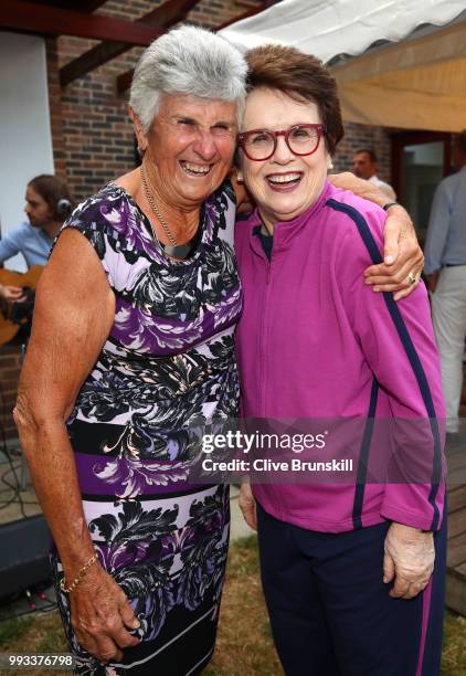 Judy Dalton and 1968 Wimbledon champion Bille Jean King pose for a photo at Tennis Australia's annual Aussie Wimbledon barbecue, honouring 1968...