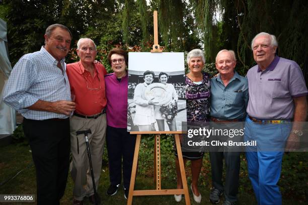 John Newcombe, Neale Fraser, Billie Jean King, Judy Dalton, Rod Laver and Fred Stolle pose for a photo at Tennis Australia's annual Aussie Wimbledon...