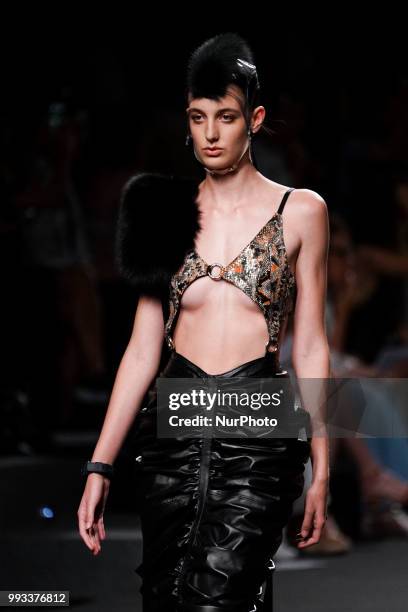 Model presents a creation by Spanish DOMINNICO at the fashion show at the EGO Mercedes-Benz Fashion Week Madrid Spring-Summer 2019, in IFEMAMadrid,...