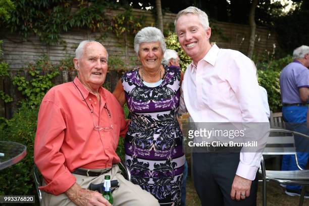 Neale Fraser, Judy Dalton and Tennis Australia CEO Craig Tiley pose for a photo at Tennis Australia's annual Aussie Wimbledon barbecue, honouring...