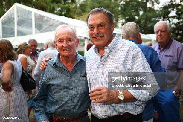 Australian tennis legends Rod Laver and John Newcombe pose for a photo at Tennis Australia's annual Aussie Wimbledon barbecue, honouring 1968...