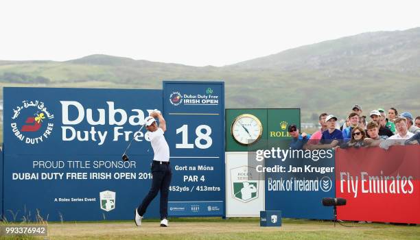 Joakim Lagergren of Sweden hits his tee-shot on the 18th hole during the third round of the Dubai Duty Free Irish Open at Ballyliffin Golf Club on...