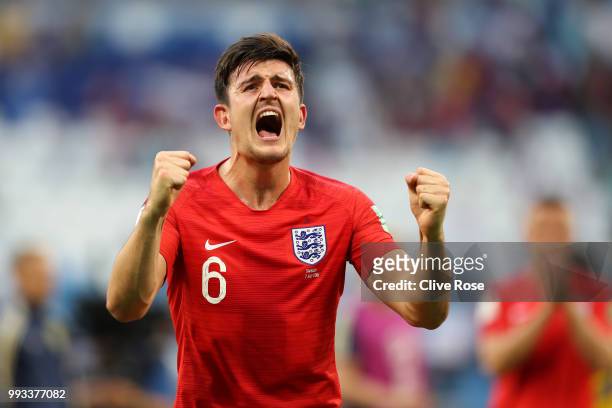 Harry Maguire of England celebrates following his sides victory in the 2018 FIFA World Cup Russia Quarter Final match between Sweden and England at...