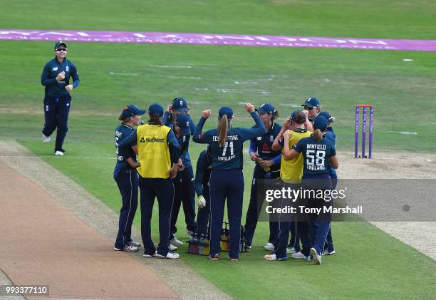 Laura Marsh of England Women celebrates taking the wicket of Leigh Kasperek of New Zealand Women during the 1st ODI: ICC Women's Championship between...