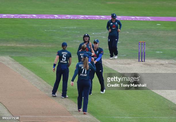 Laura Marsh of England Women celebrates taking the wicket of Leigh Kasperek of New Zealand Women during the 1st ODI: ICC Women's Championship between...
