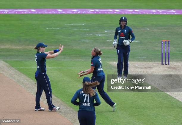 Laura Marsh of England Women celebrates taking the wicket of Leigh Kasperek of New Zealand Women during the 1st ODI: ICC Women's Championship between...