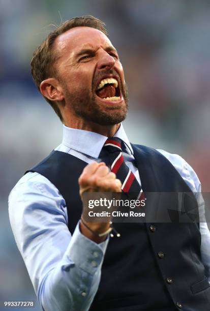 Gareth Southgate, Manager of England celebrates at the final whistle following victory during the 2018 FIFA World Cup Russia Quarter Final match...