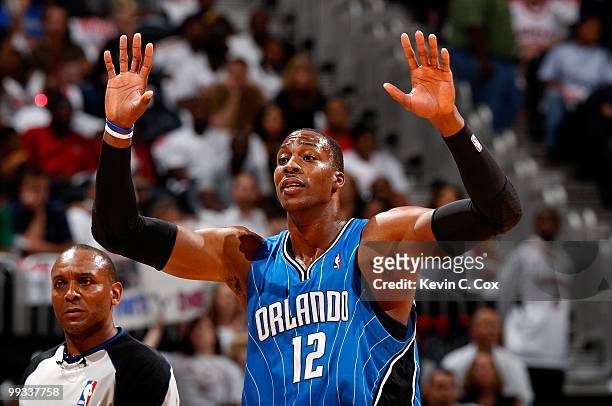 Dwight Howard of the Orlando Magic against the Atlanta Hawks during Game Three of the Eastern Conference Semifinals during the 2010 NBA Playoffs at...