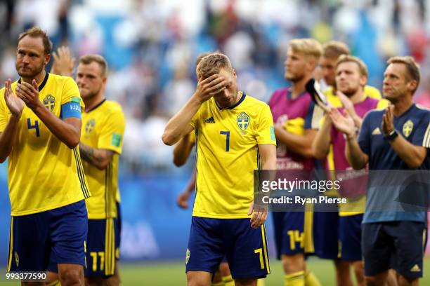 Sebastian Larsson of Sweden looks dejected following his sides defeat in the 2018 FIFA World Cup Russia Quarter Final match between Sweden and...