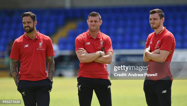 Danny Ings, James Milner and Andrew Robertson of Liverpool before the Pre-season friendly between Chester FC and Liverpool on July 7, 2018 in...