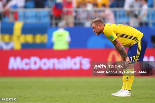 John Guidetti of Sweden looks dejected at the end of the 2018 FIFA World Cup Russia Quarter Final match between Sweden and England at Samara Arena on...
