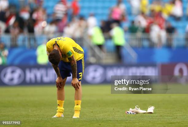 Victor Lindelof of Sweden shows his dejection following the 2018 FIFA World Cup Russia Quarter Final match between Sweden and England at Samara Arena...