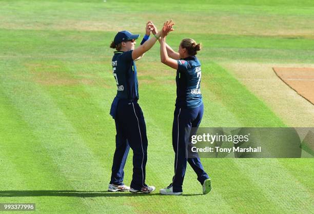 Laura Marsh of England Women celebrates taking the wicket of Lea Tahuhu of New Zealand Women during the 1st ODI: ICC Women's Championship between...