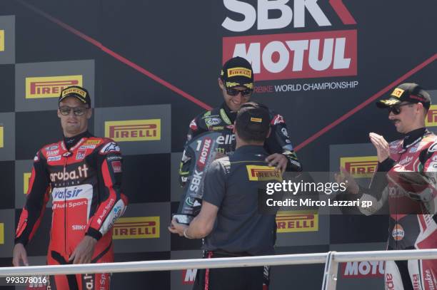 Chaz Davies of Great Britain and ARUBA.IT RACING-DUCATI, Jonathan Rea of Great Britain and KAWASAKI RACING TEAM WorldSBK and Eugene Laverty of...