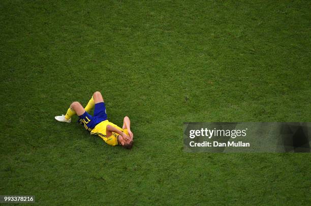 Viktor Claesson of Sweden looks dejected following his sides defeat in the 2018 FIFA World Cup Russia Quarter Final match between Sweden and England...