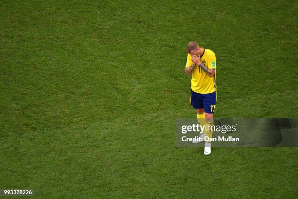 John Guidetti of Sweden shows his dejection following the 2018 FIFA World Cup Russia Quarter Final match between Sweden and England at Samara Arena...