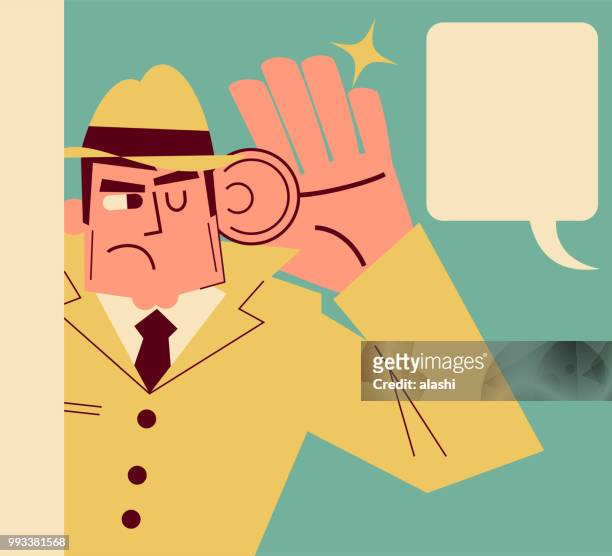 retro detective (spying man) behind wall listening with big ear - ear stock illustrations