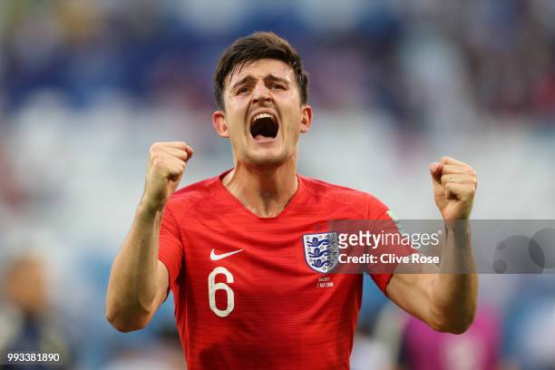 Harry Maguire of England celebrates following his sides victory in the 2018 FIFA World Cup Russia Quarter Final match between Sweden and England at...