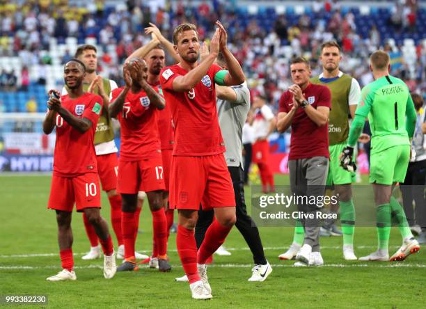 Harry Kane of England applauds the fans following his sides victory in the 2018 FIFA World Cup Russia Quarter Final match between Sweden and England...