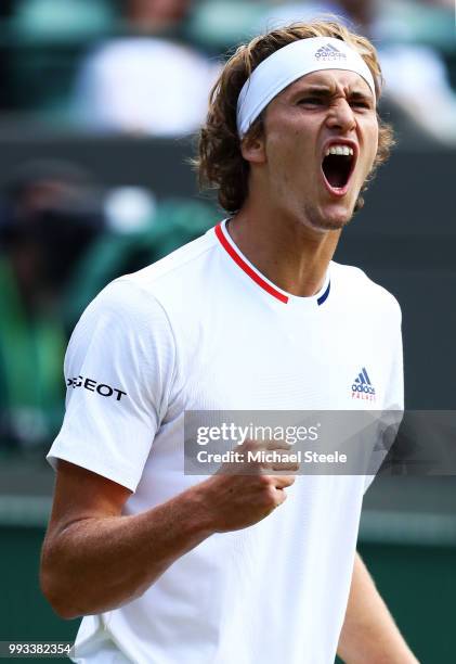 Alexander Zverev of Germany celebrates a point against Ernests Gulbis of Latvia during their Men's Singles third round match on day six of the...