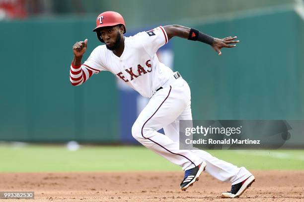 Jurickson Profar of the Texas Rangers at Globe Life Park in Arlington on July 4, 2018 in Arlington, Texas.