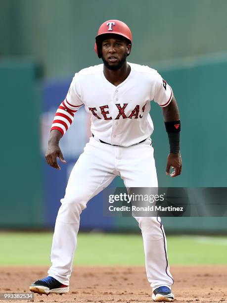 Jurickson Profar of the Texas Rangers at Globe Life Park in Arlington on July 4, 2018 in Arlington, Texas.