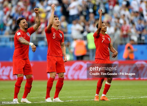 England's Kyle Walker , John Stones and Jesse Lingard celebrate after the final whistle during the FIFA World Cup, Quarter Final match at the Samara...