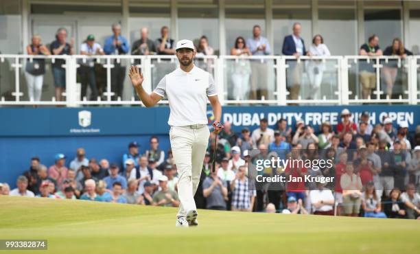 Erik van Rooyen of South Africa waves to the crowd on the 18th hole during the third round of the Dubai Duty Free Irish Open at Ballyliffin Golf Club...