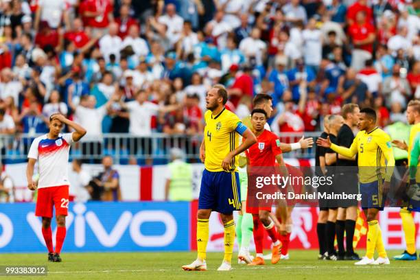 Andreas Granqvistof Sweden looks dejected after the 2018 FIFA World Cup Russia Quarter Final match between Sweden and England at Samara Arena on July...