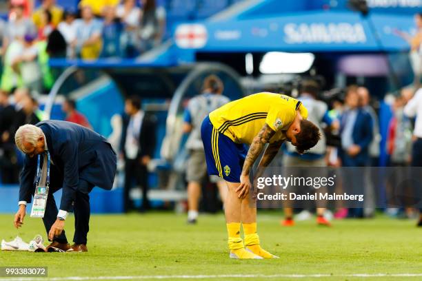 Victor Lindelof of Sweden looks dejected after the 2018 FIFA World Cup Russia Quarter Final match between Sweden and England at Samara Arena on July...