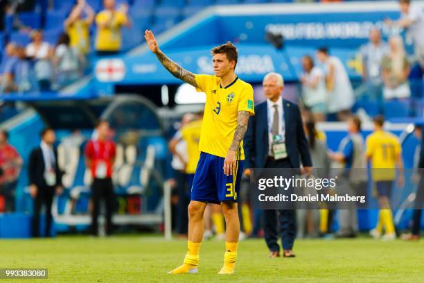 Victor Lindelof of Sweden looks dejected as he fans after the 2018 FIFA World Cup Russia Quarter Final match between Sweden and England at Samara...