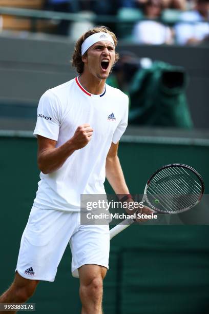 Alexander Zverev of Germany celebrates a point against Ernests Gulbis of Latvia during their Men's Singles third round match on day six of the...