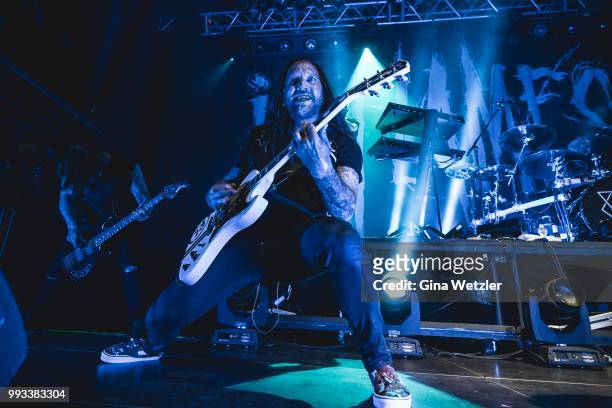Guitar player Niclas Engelin of the Swedish band In Flames performs live on stage during a concert at the Kesselhaus on July 6, 2018 in Berlin,...