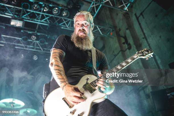 Guitar player Björn Gelotte of the Swedish band In Flames performs live on stage during a concert at the Kesselhaus on July 6, 2018 in Berlin,...