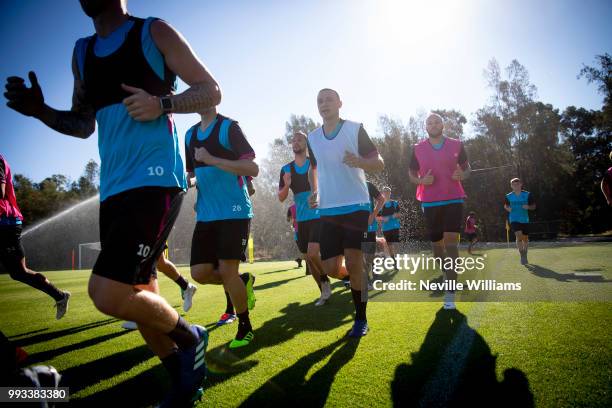 James Chester of Aston Villa in action during an Aston Villa training session at the club's training camp on July 07, 2018 in Faro, Portugal.