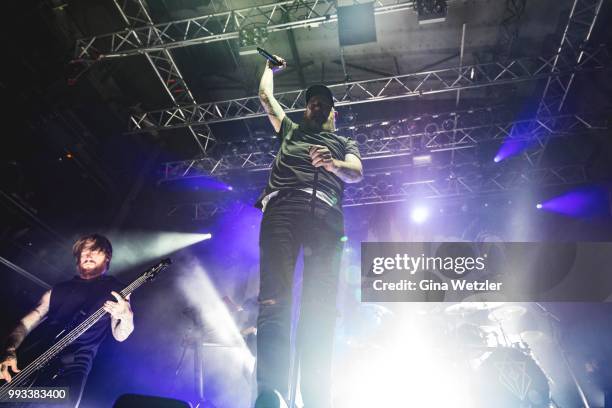 Singer Anders Fridén of the Swedish band In Flames performs live on stage during a concert at the Kesselhaus on July 6, 2018 in Berlin, Germany.