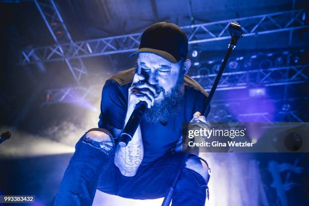 Singer Anders Fridén of the Swedish band In Flames performs live on stage during a concert at the Kesselhaus on July 6, 2018 in Berlin, Germany.