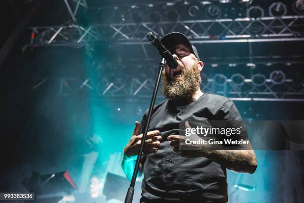 Singer Anders Fridén of the Swedish band In Flames performs live on stage during a concert at the Kesselhaus on July 6, 2018 in Berlin, Germany.