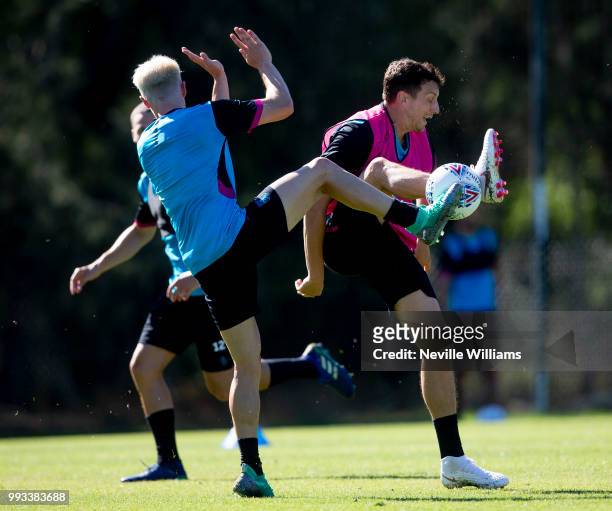 Tommy Elphick of Aston Villa in action during an Aston Villa training session at the club's training camp on July 07, 2018 in Faro, Portugal.